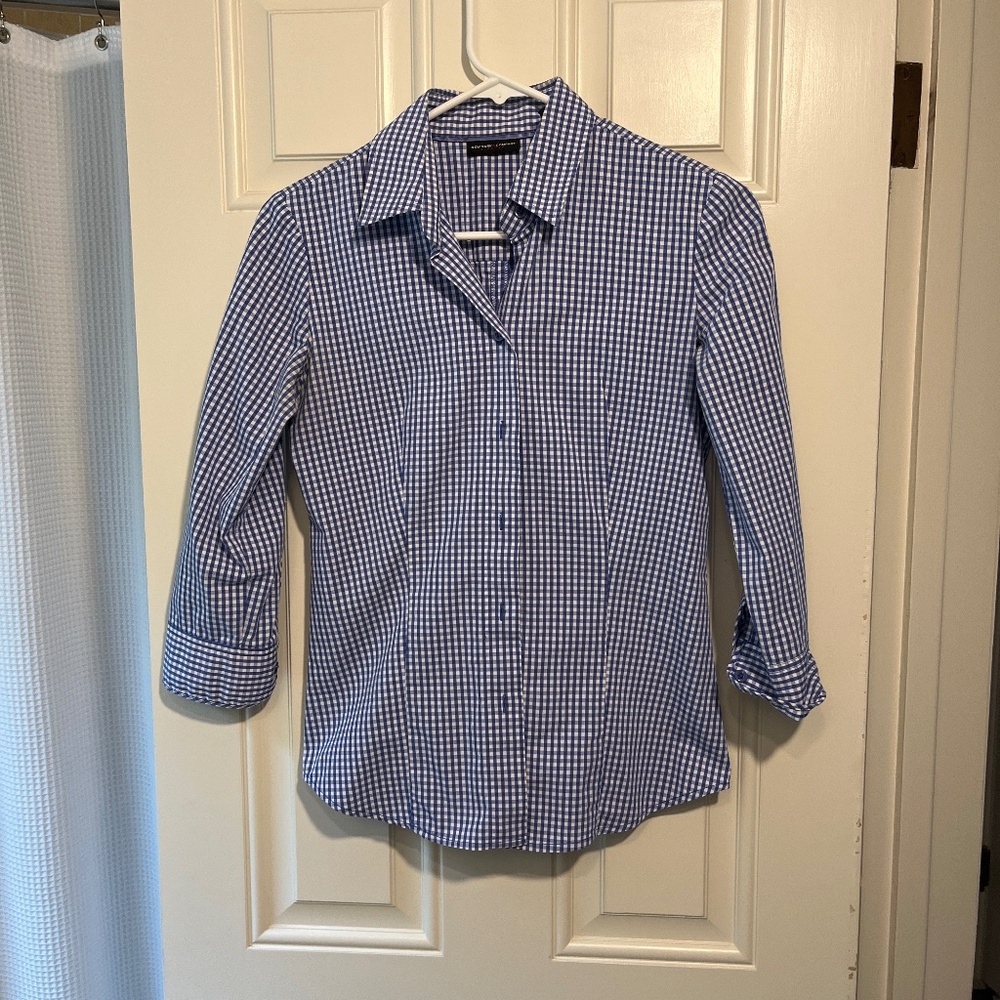 Blue check stretch button down blouse